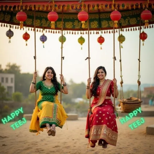 Indian woman celebrating Hariyali Teej with traditional attire and swing under green trees.