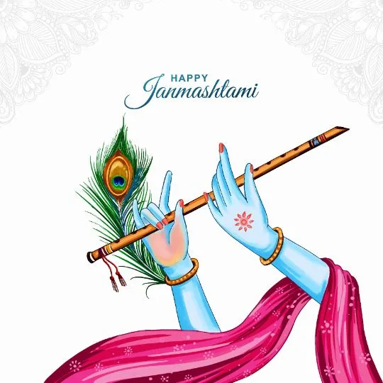 Happy Janmashtami illustration with Lord Krishna's blue hands holding flute and peacock feather.