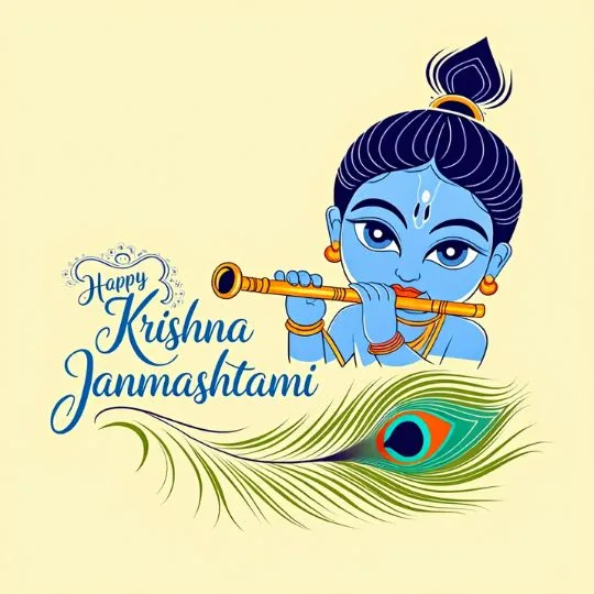 Illustration of Lord Krishna playing flute with peacock feather, Happy Krishna Janmashtami greeting.