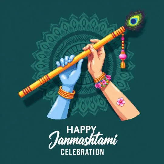 Happy Krishna Janmashtami celebration with Lord Krishna and Radha holding flute adorned with peacock feather.