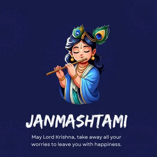 Janmashtami greeting with cute Lord Krishna playing flute, adorned with peacock feather, symbolizing peace, happiness, and blessings.