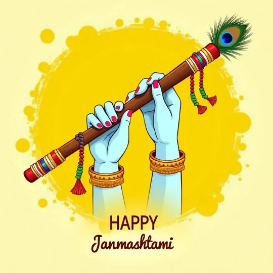 Blue hands of Lord Krishna holding decorated flute with peacock feather for Janmashtami celebration