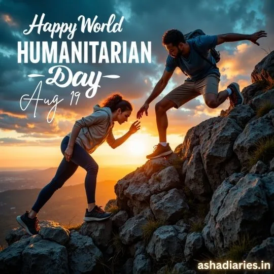 World Humanitarian Day August 19 – Man helping woman climb mountain at sunset symbolizing compassion and humanity.