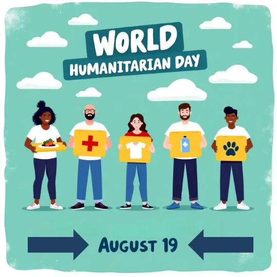 World Humanitarian Day illustration with diverse volunteers holding food, medical aid, clothes, water, and animal care items – August 19 awareness.
