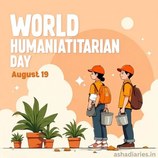 World Humanitarian Day August 19 illustration – two young volunteers carrying buckets and watering plants, promoting kindness, care, and humanitarian values.