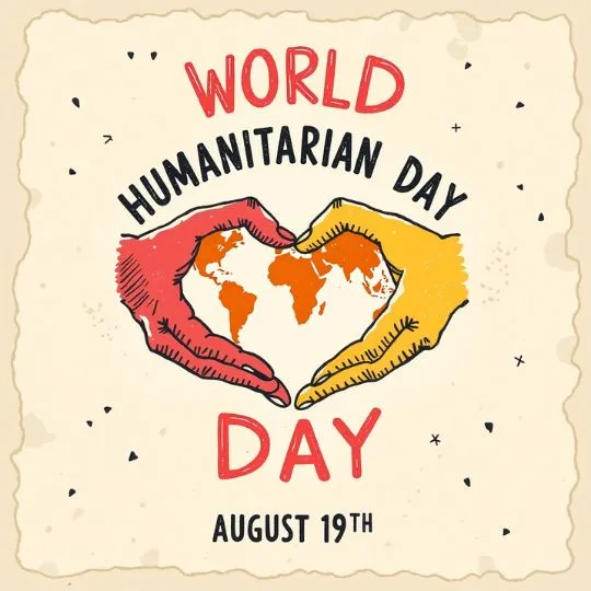 World Humanitarian Day August 19 illustration with hands forming heart around world map.