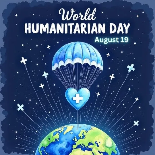 World Humanitarian Day August 19 illustration with parachute, heart, and Earth symbolizing global kindness and humanitarian aid