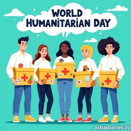 World Humanitarian Day volunteers holding donation boxes with red cross symbol promoting kindness and humanitarian support.