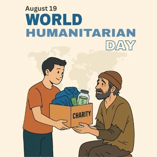 World Humanitarian Day illustration of a young man giving charity box with clothes, food, and money to a needy man on August 19.