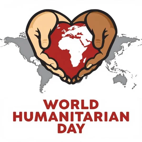 World Humanitarian Day logo with hands holding a red heart showing Africa and Europe on world map background