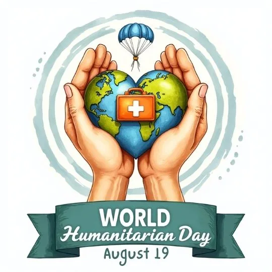 World Humanitarian Day August 19 illustration with hands holding a heart-shaped globe, medical kit, and parachute aid symbol.