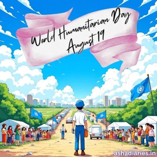 World Humanitarian Day illustration with humanitarian worker, aid camps, and people lined up under UN flags.