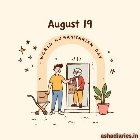 Illustration of a young man helping an elderly woman with groceries for World Humanitarian Day, August 19