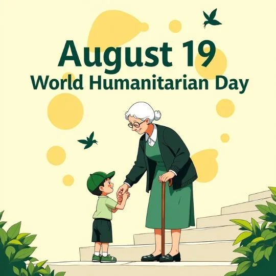 Cartoon of a young boy helping an elderly woman on stairs with text August 19 World Humanitarian Day, symbolizing kindness and compassion.