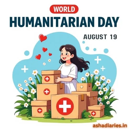 Illustration of a girl with humanitarian aid boxes celebrating World Humanitarian Day on August 19 with love and care symbols.