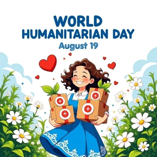 World Humanitarian Day August 19 illustration of happy girl holding aid boxes with red cross, surrounded by flowers and hearts symbolizing kindness and humanity