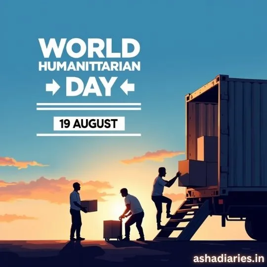 World Humanitarian Day 19 August poster with volunteers unloading relief boxes from truck at sunset