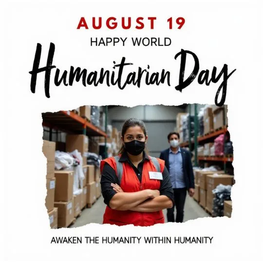 World Humanitarian Day August 19 awareness poster with volunteers and message awaken the humanity within humanity.