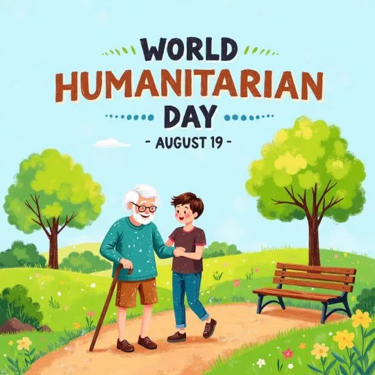 World Humanitarian Day illustration of a boy helping an elderly man in a park, symbolizing kindness, compassion, and humanity – August 19.