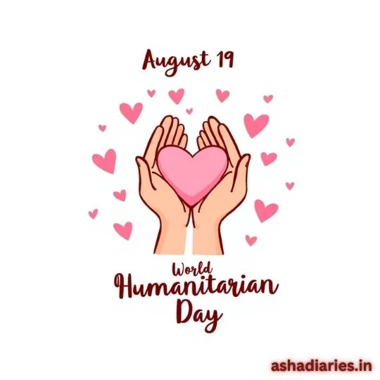 Hands holding a pink heart with floating hearts – World Humanitarian Day, August 19