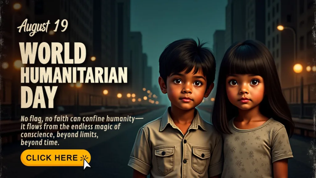 "World Humanitarian Day banner with two children, August 19 quote on humanity, compassion, and global unity