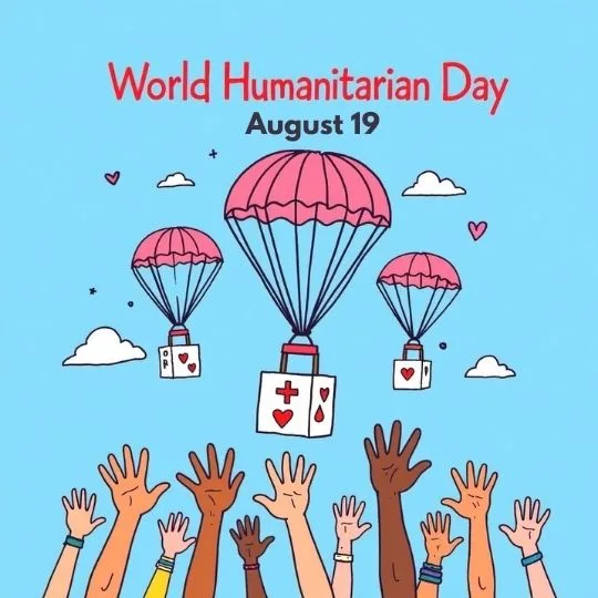 Illustration of diverse hands raised towards parachutes delivering humanitarian aid on World Humanitarian Day August 19