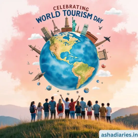 People celebrating World Tourism Day with globe and famous landmarks symbolizing global unity, travel, and cultural diversity.