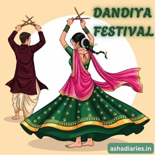 Couple dancing Garba in traditional attire during Dandiya Festival celebration with colorful sticks