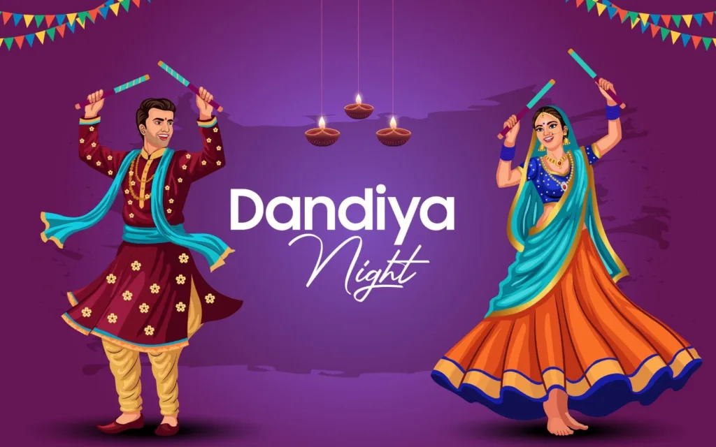 Colorful illustration of man and woman dancing with sticks on Dandiya Night celebration