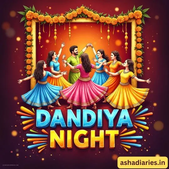 Colorful Dandiya Night celebration with men and women dancing in traditional attire under floral decorations