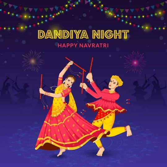 Navratri dandiya night celebration with traditional dance couple in colorful attire.