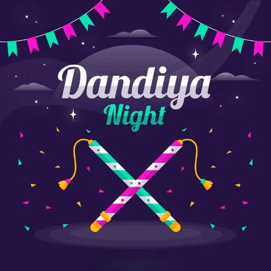 Colorful Dandiya sticks crossed with festive decorations celebrating Dandiya Night during Navratri festival.