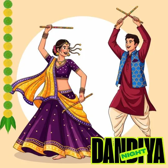 Couple dancing Garba and Dandiya in traditional dress celebrating Navratri festival night