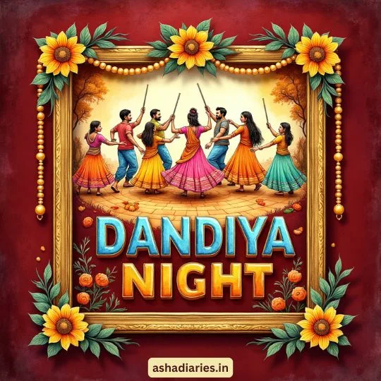 Colorful Dandiya Night celebration illustration with men and women dancing in traditional attire holding sticks
