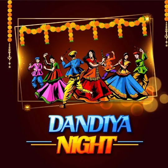 Colorful Dandiya Night celebration with men and women dancing in traditional attire under festive marigold decorations
