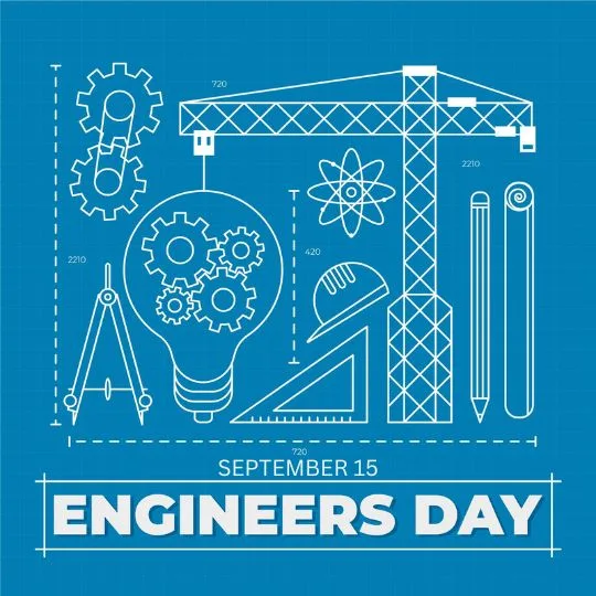 Engineers Day September 15 blueprint design with crane, gears, bulb and tools illustration.