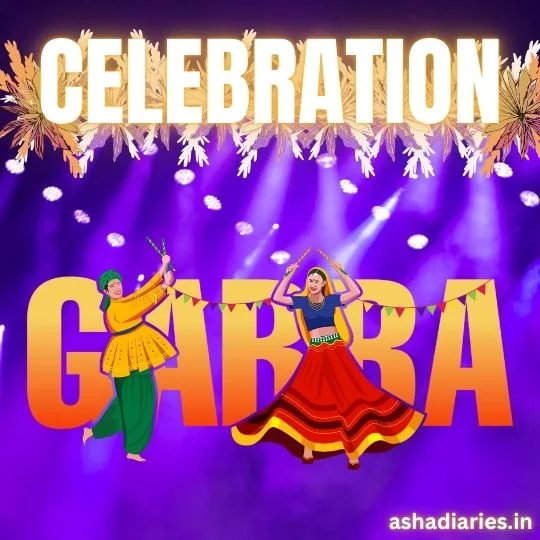 Garba celebration image with traditional dancers, colorful lights, and festive atmosphere