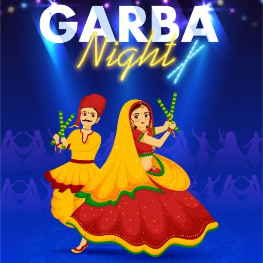 Traditional Garba Night celebration with couple dancing in colorful attire holding dandiya sticks under bright lights.