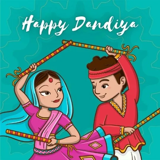 Happy Dandiya celebration illustration with man and woman dancing Garba in traditional attire holding colorful sticks.