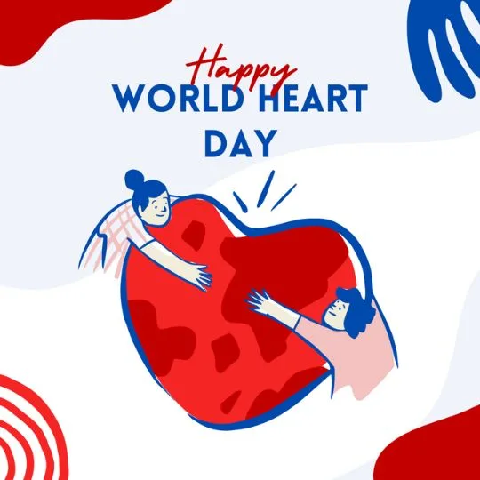 Happy World Heart Day illustration with people hugging a big red heart symbolizing love, care, and healthy lifestyle awareness.