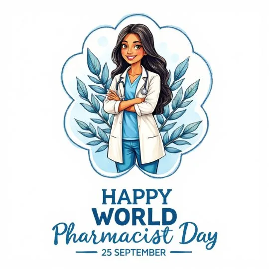 Illustration of a smiling female pharmacist in white coat with stethoscope, celebrating World Pharmacist Day on 25 September