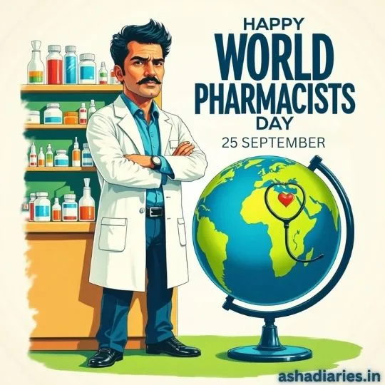 World Pharmacists Day 25 September illustration with pharmacist, medicine shelves, and globe with stethoscope symbolizing global healthcare