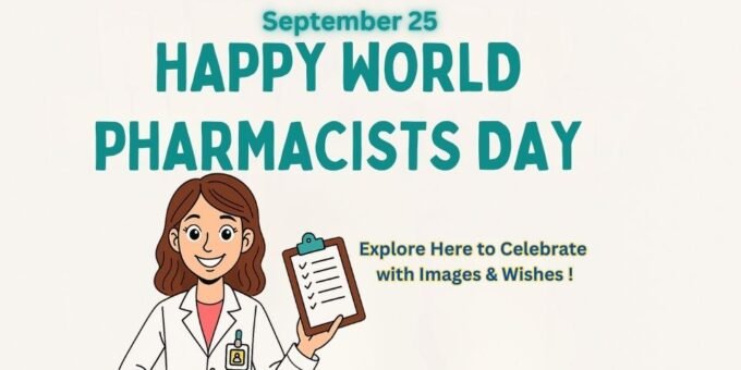 Happy World Pharmacists Day banner with female pharmacist cartoon character holding clipboard, celebrating September 25