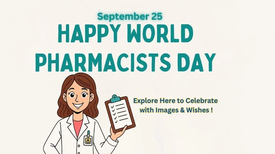 Happy World Pharmacists Day banner with female pharmacist cartoon character holding clipboard, celebrating September 25