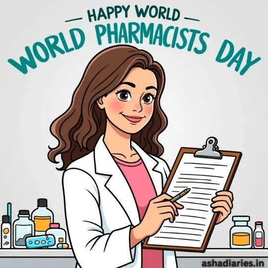 Happy World Pharmacists Day illustration of female pharmacist holding clipboard with medicines on table