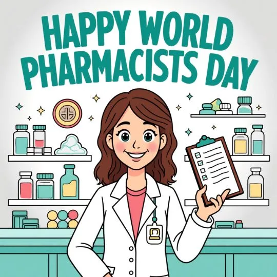 Happy World Pharmacists Day illustration with smiling female pharmacist holding clipboard in pharmacy shop background