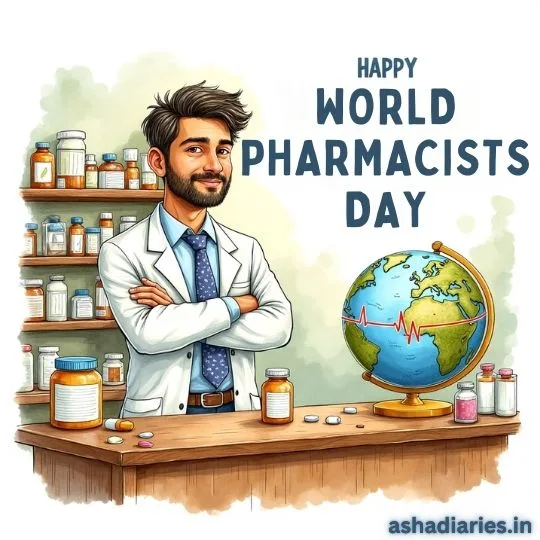 Happy World Pharmacists Day illustration – male pharmacist in white coat standing at counter with medicines and globe symbolizing global healthcare