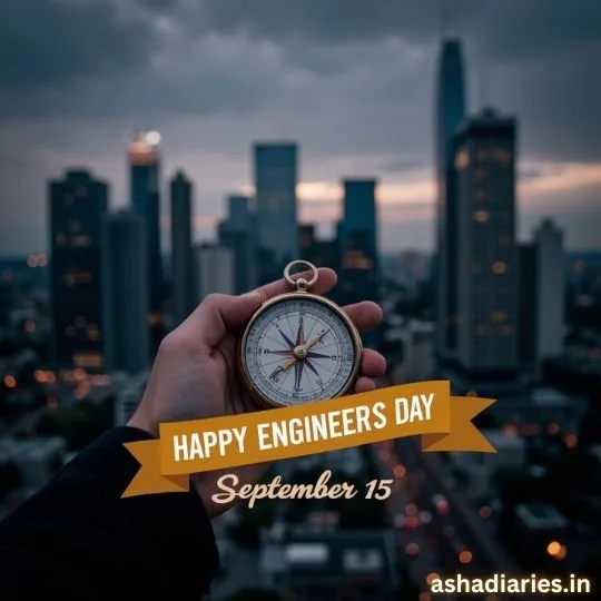 Hand holding a compass with city skyline background – Happy Engineers Day September 15