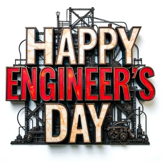 Happy Engineer’s Day greeting card with bold industrial-style design and engineering background