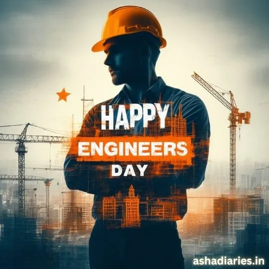 Happy Engineers Day image with construction site background, male engineer in safety helmet, and city skyline cranes.